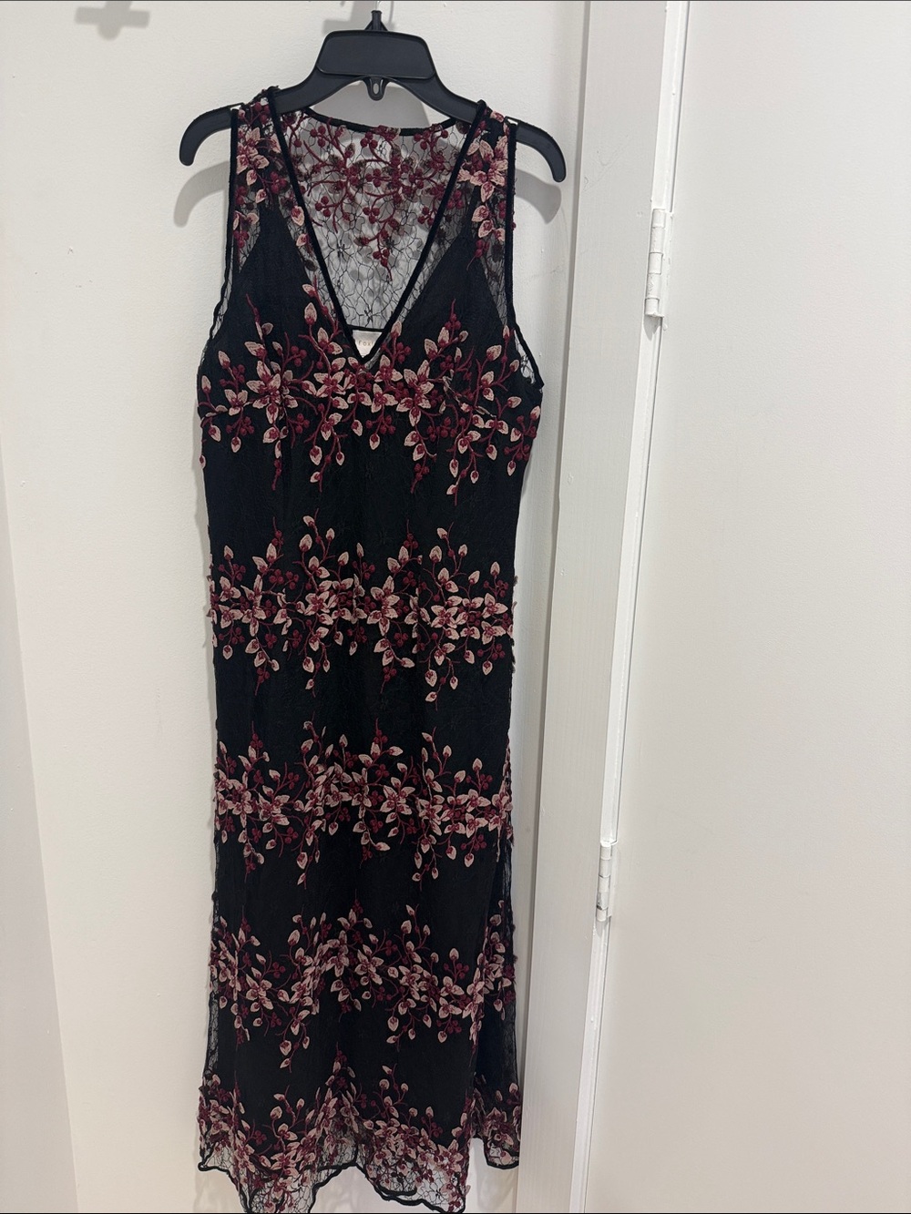 foxiedox Black Midi Dress with Pink Floral Embroidery